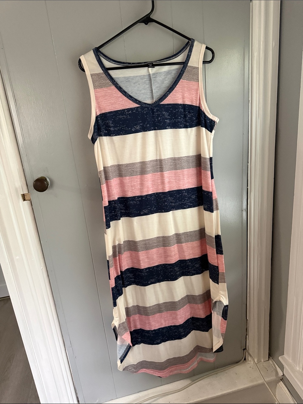 SHEIN Sleeveless V-Neck Striped Maxi Dress - Pink, Navy & Cream